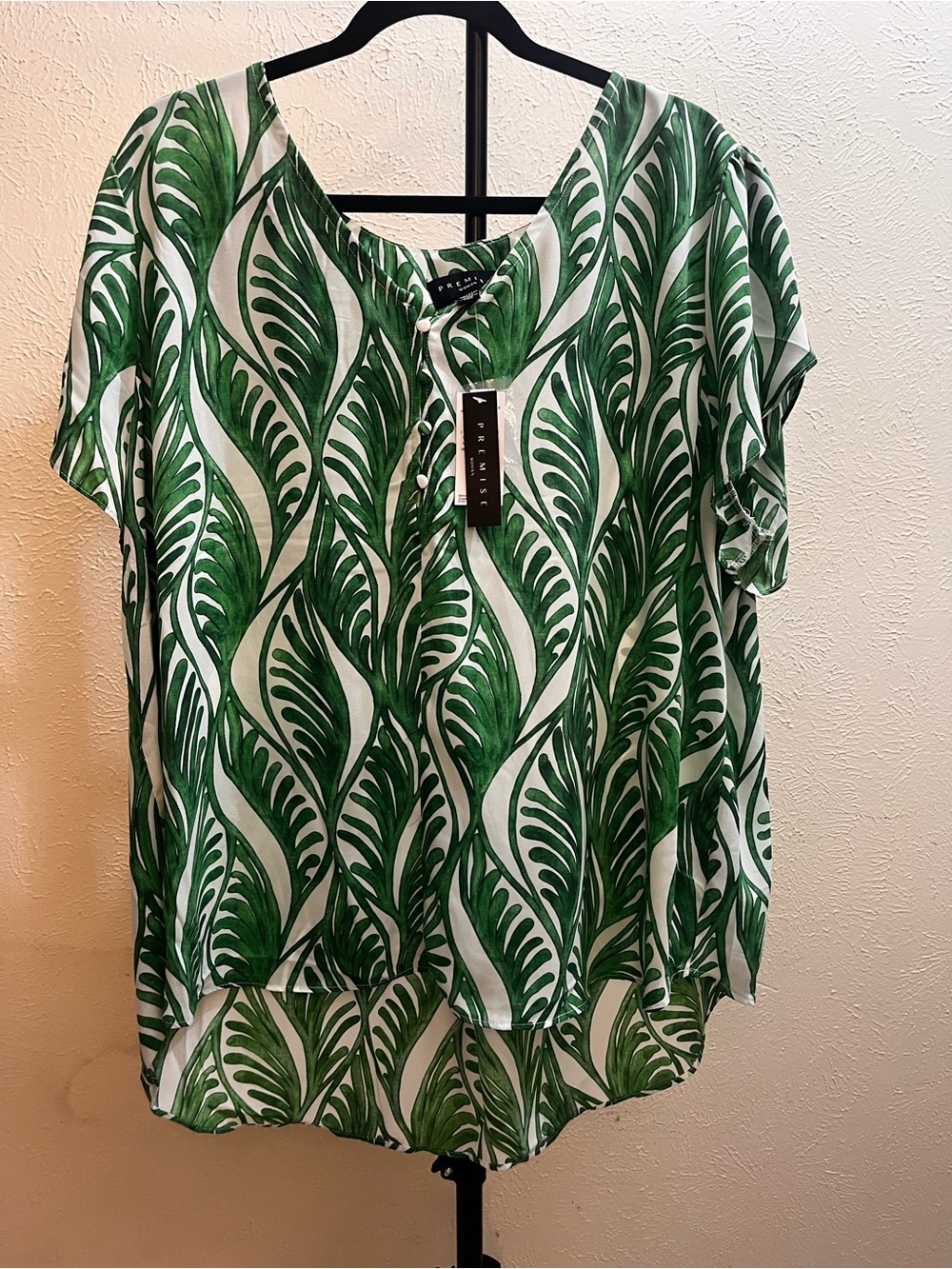 Premise White Blouse with Green Leaf Print